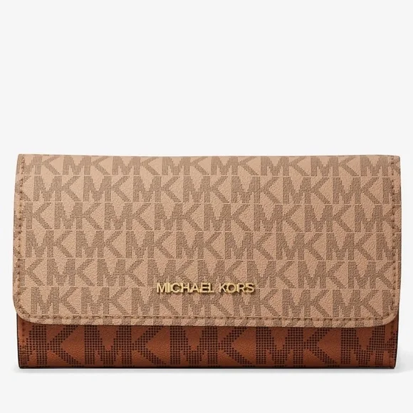Michael Kors Jet Set Large Signature Logo TriFold Wallet Camel Multi - Picture 1 of 7